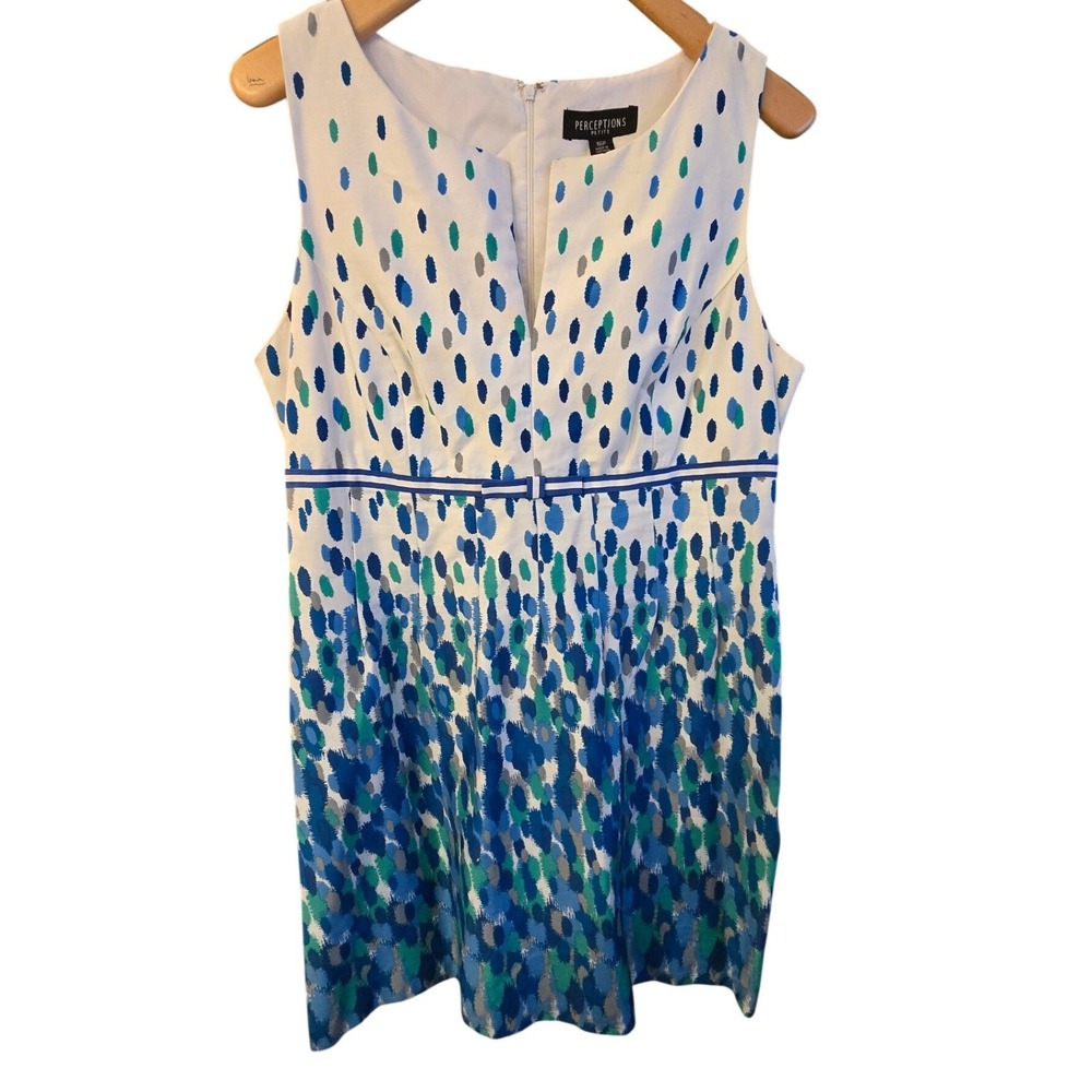 Perceptions Petite Blue Teal Abstract Brushstroke Sheath Dress 16P Bow Waist